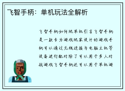 飞智手柄：单机玩法全解析